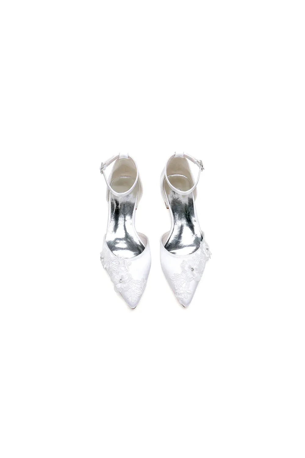 Pointed Toe White Ankle Strap Low Heels with Lace