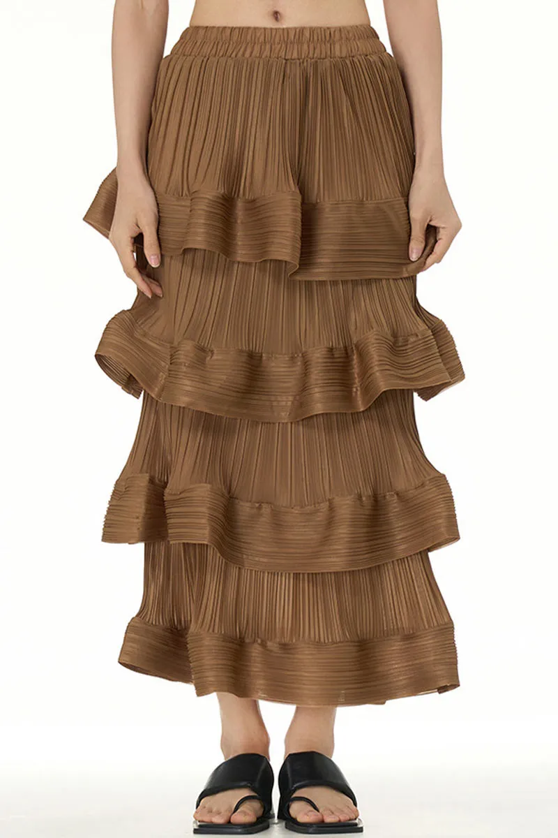 QL651 Solid Color Ruffle Maxi Skirt