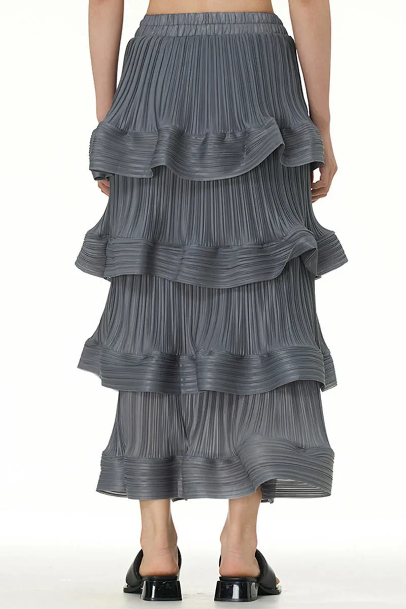 QL651 Solid Color Ruffle Maxi Skirt