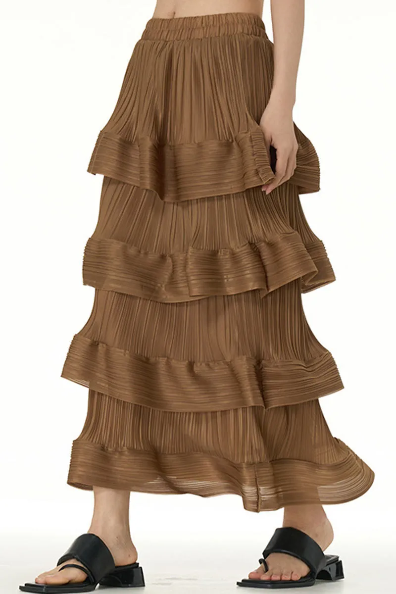 QL651 Solid Color Ruffle Maxi Skirt
