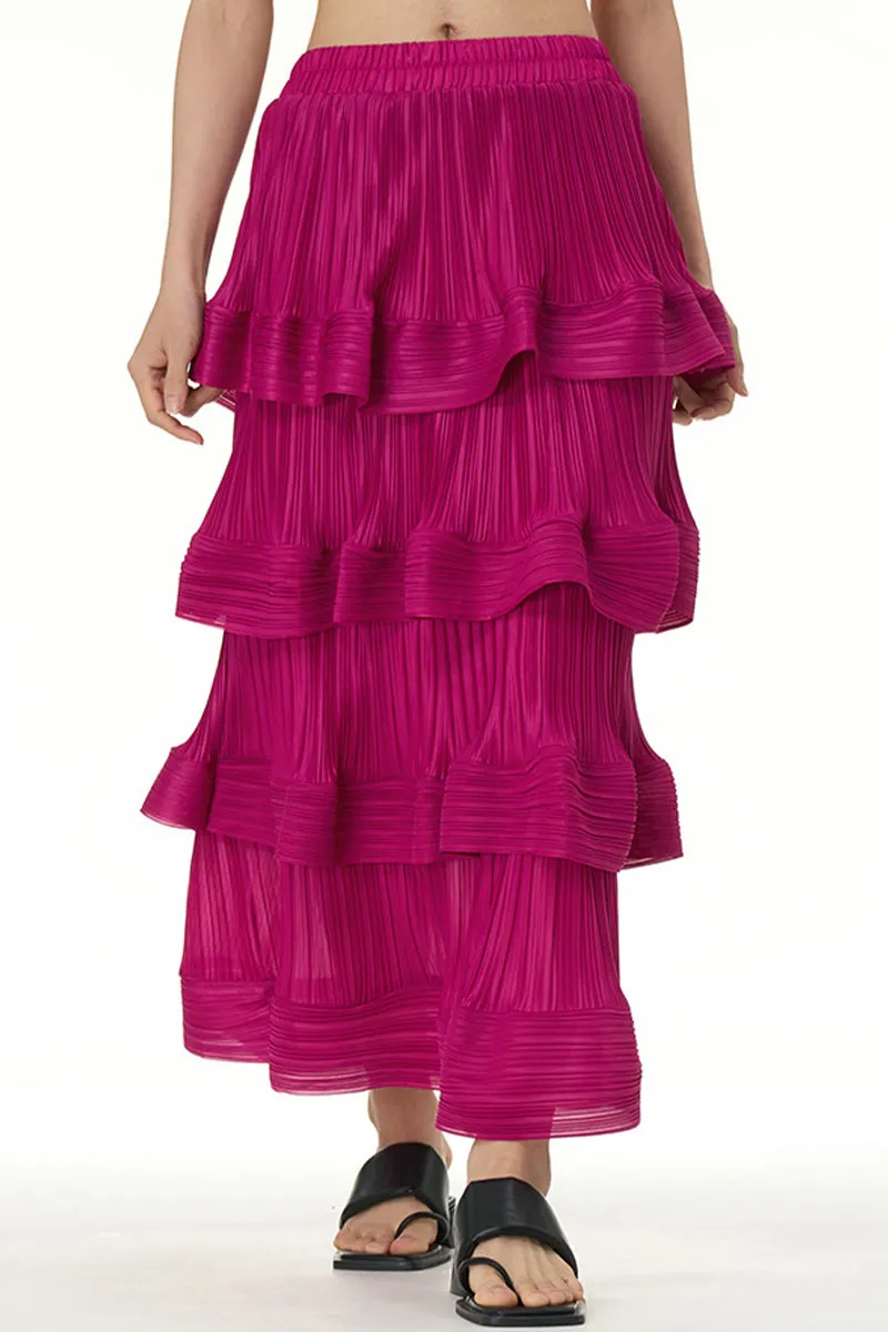 QL651 Solid Color Ruffle Maxi Skirt