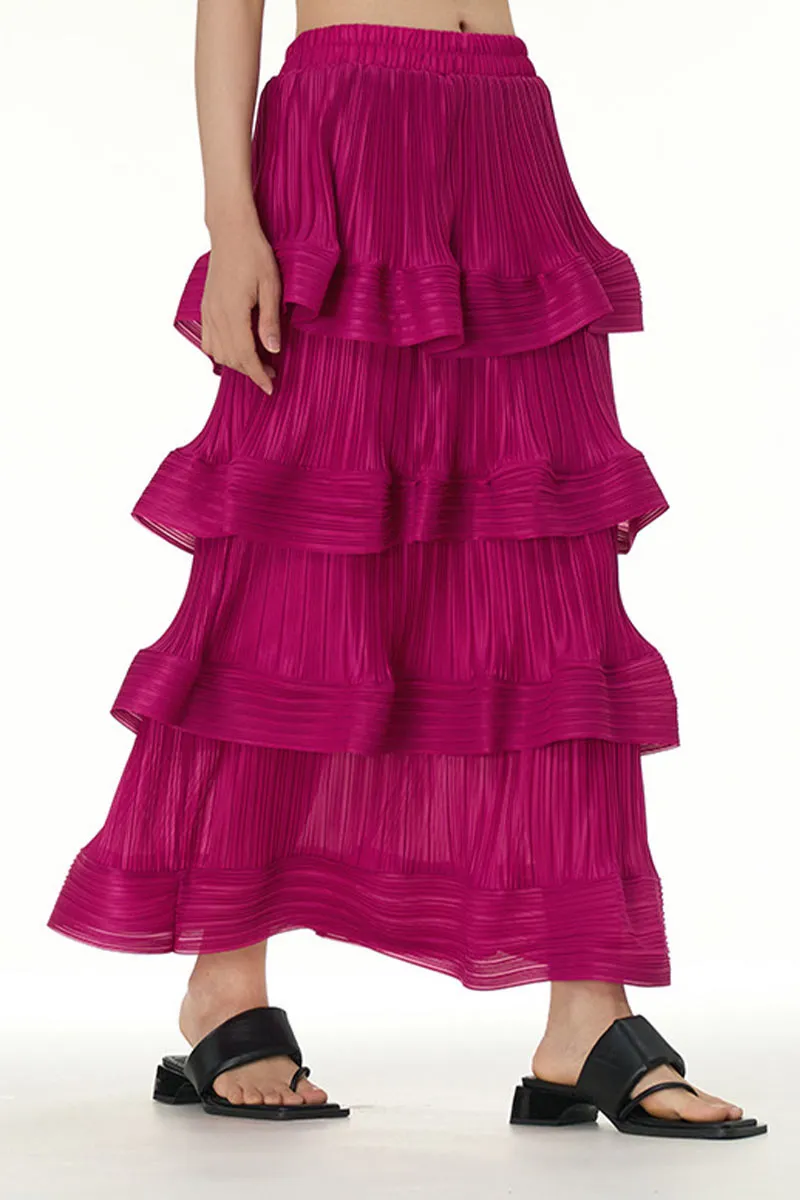 QL651 Solid Color Ruffle Maxi Skirt