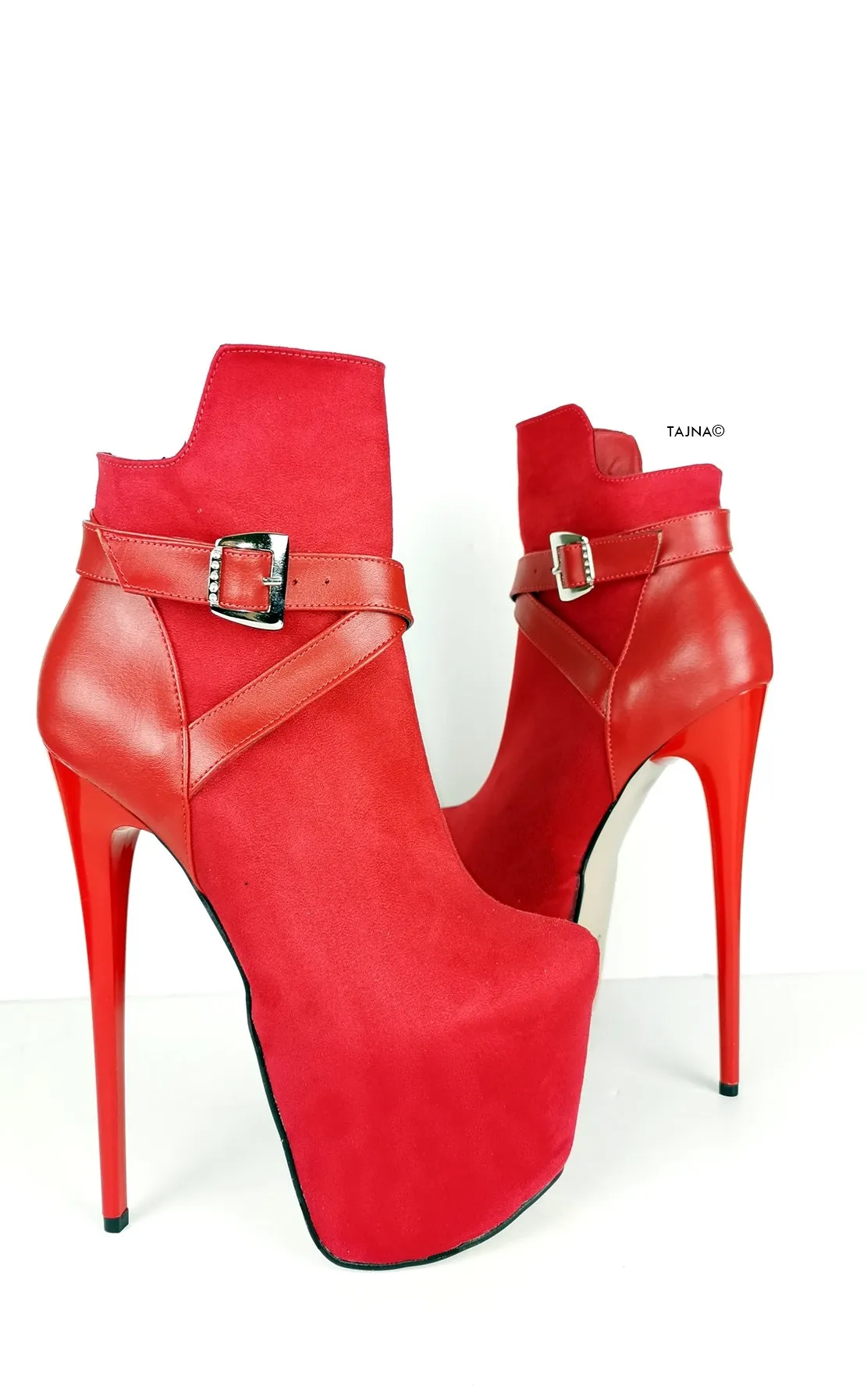 Red Suede Belt Detail Ankle Boots
