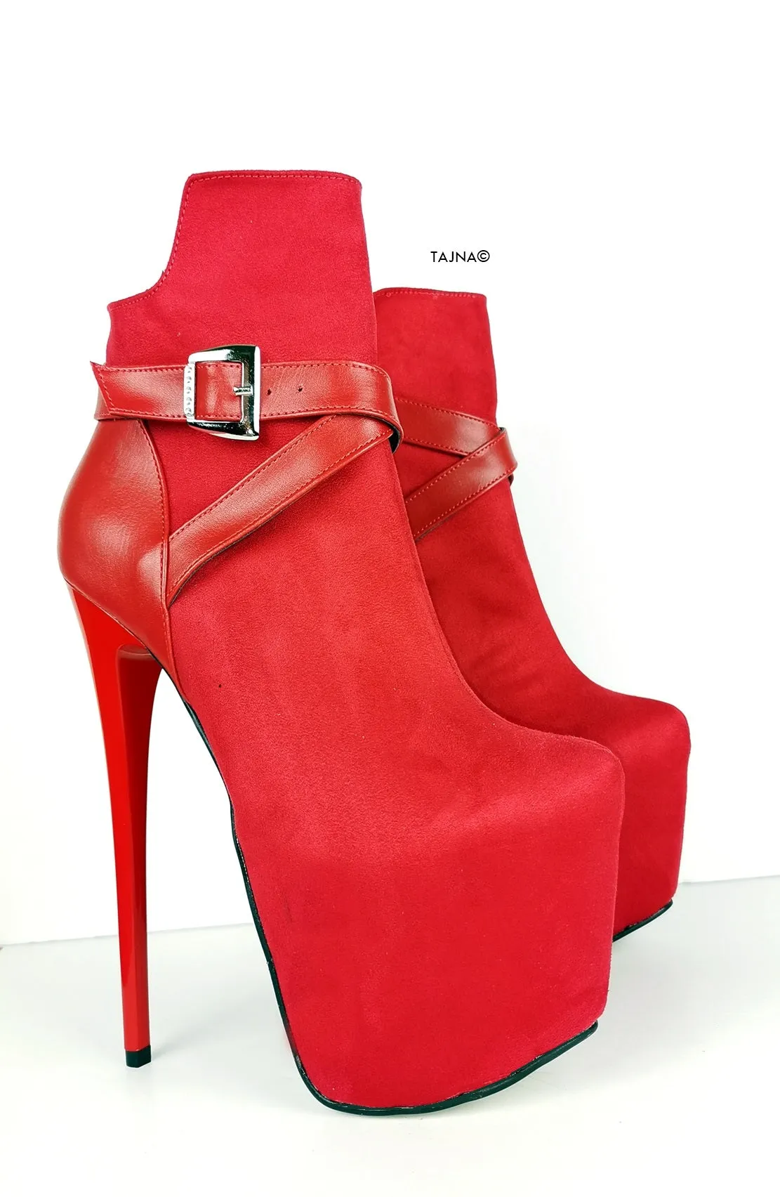Red Suede Belt Detail Ankle Boots