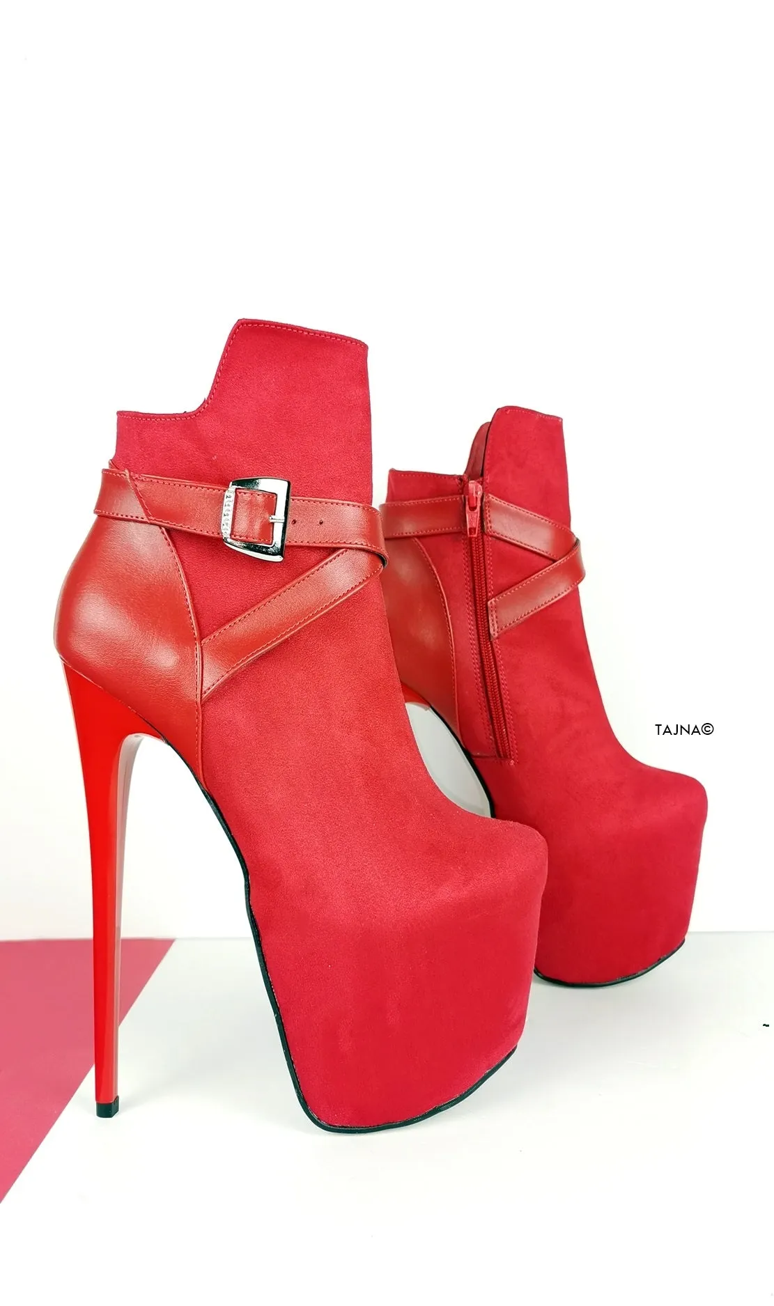 Red Suede Belt Detail Ankle Boots