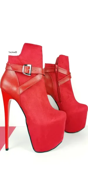 Red Suede Belt Detail Ankle Boots