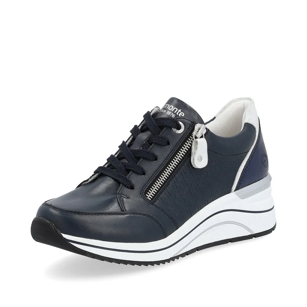 Remonte Womens Navy Leather Lace/Zip Wedge Trainer