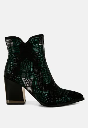 Rhinestones Embellished Block Heel Boots By RUW
