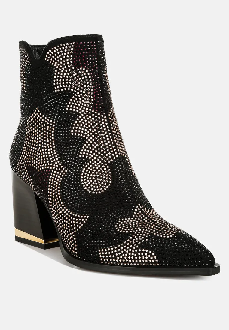 Rhinestones Embellished Block Heel Boots By RUW