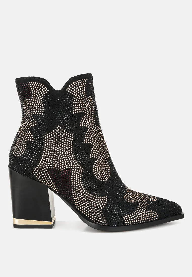 Rhinestones Embellished Block Heel Boots By RUW