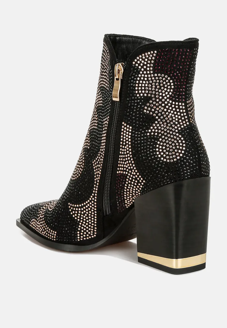 Rhinestones Embellished Block Heel Boots By RUW