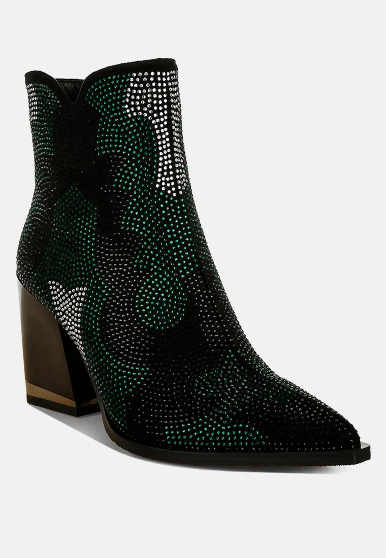 Rhinestones Embellished Block Heel Boots By RUW