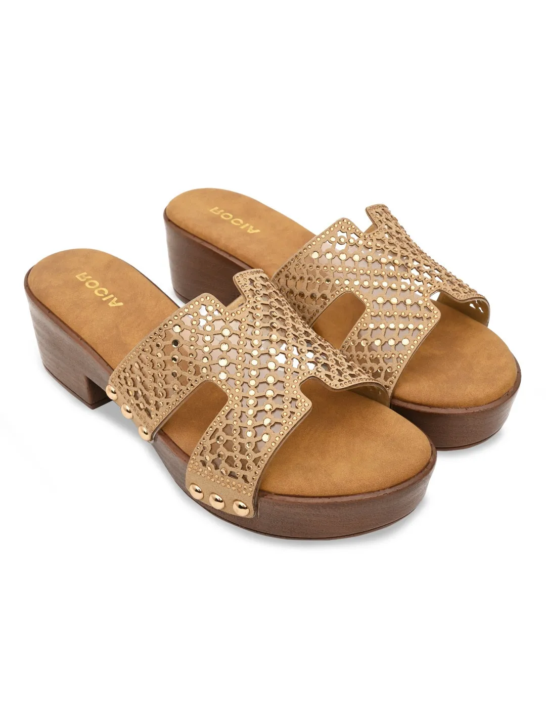 Rocia By Regal Beige Women Diamond Studded Vinyl H Block Heels