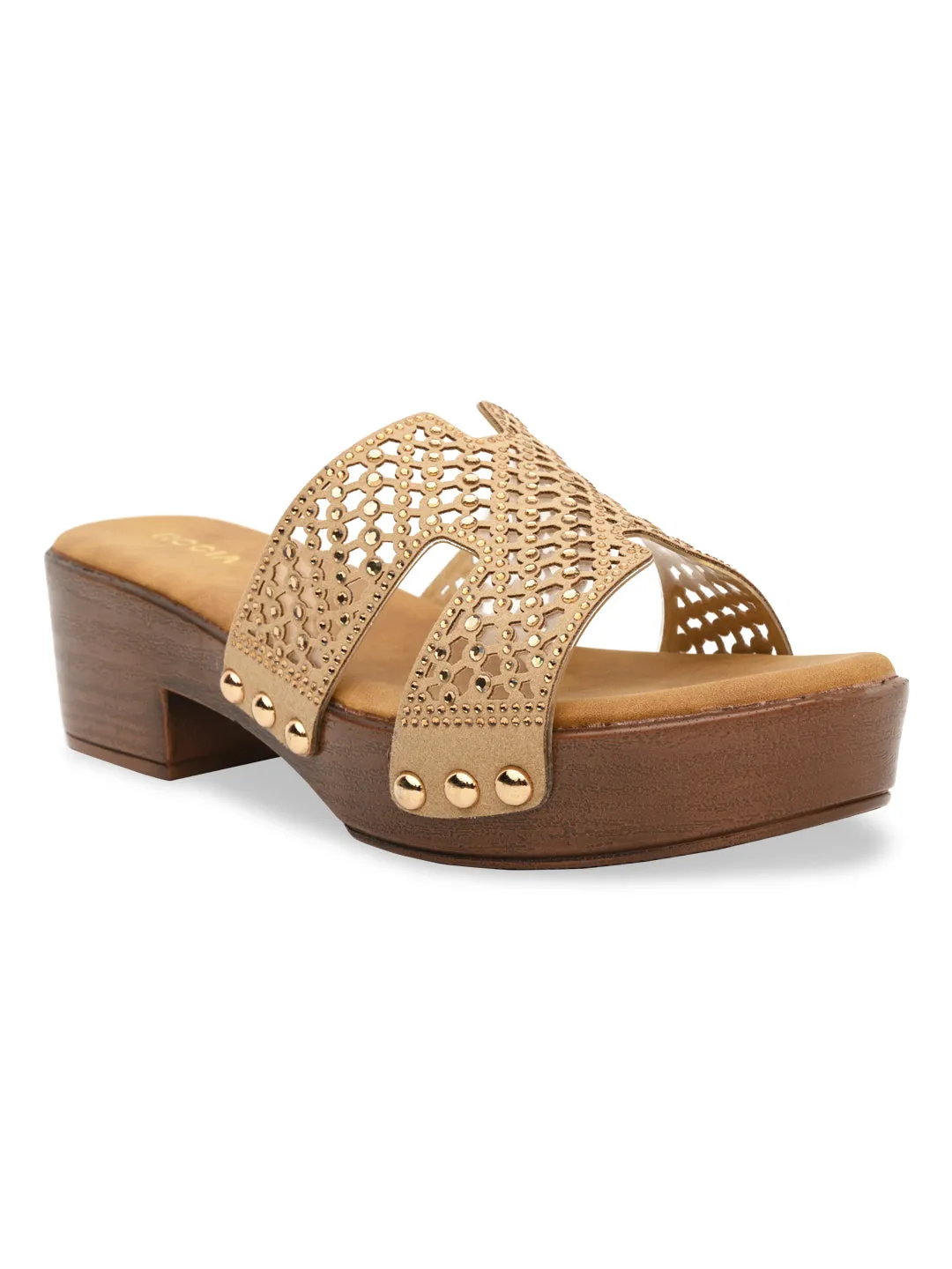 Rocia By Regal Beige Women Diamond Studded Vinyl H Block Heels