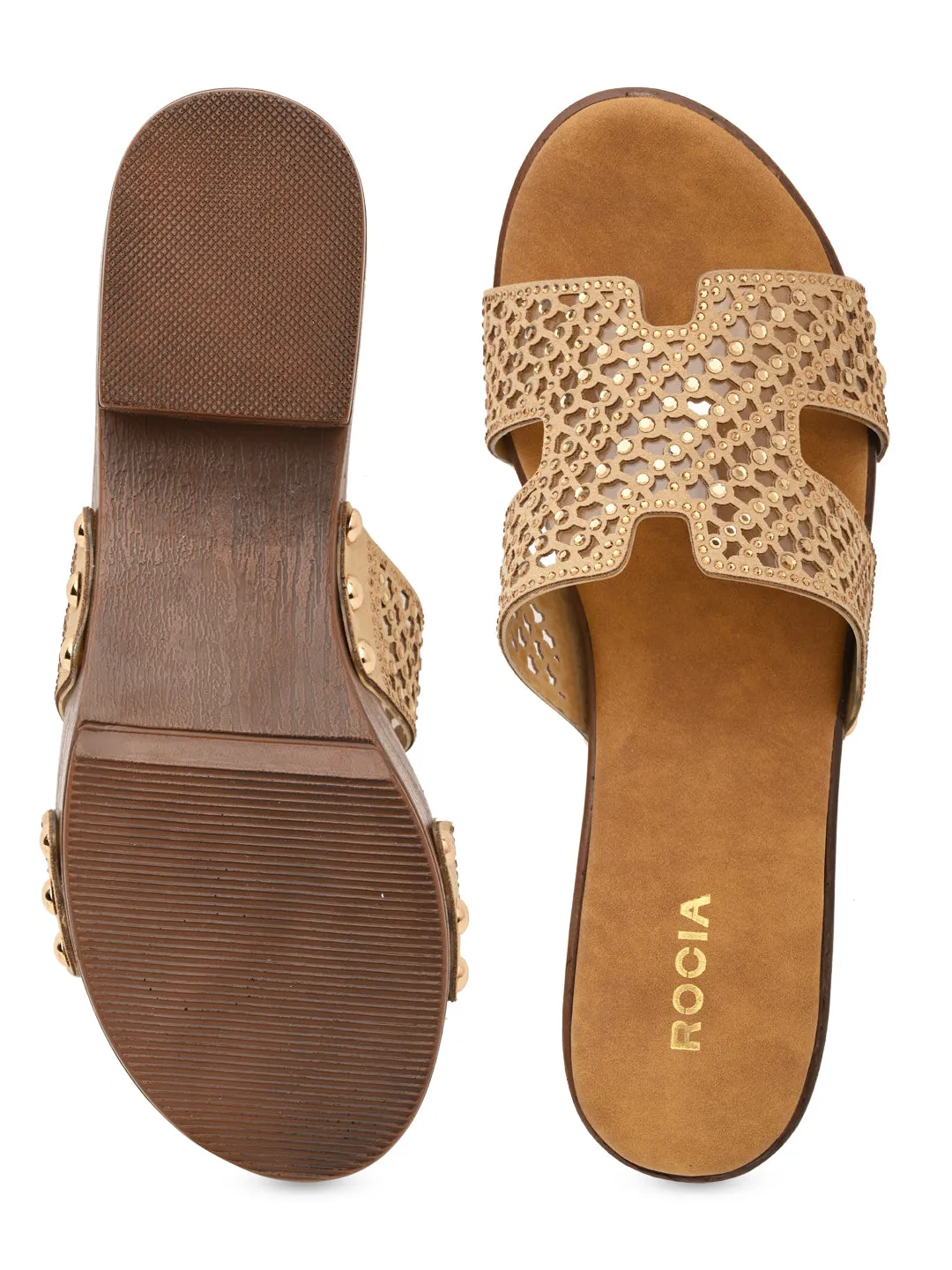 Rocia By Regal Beige Women Diamond Studded Vinyl H Block Heels