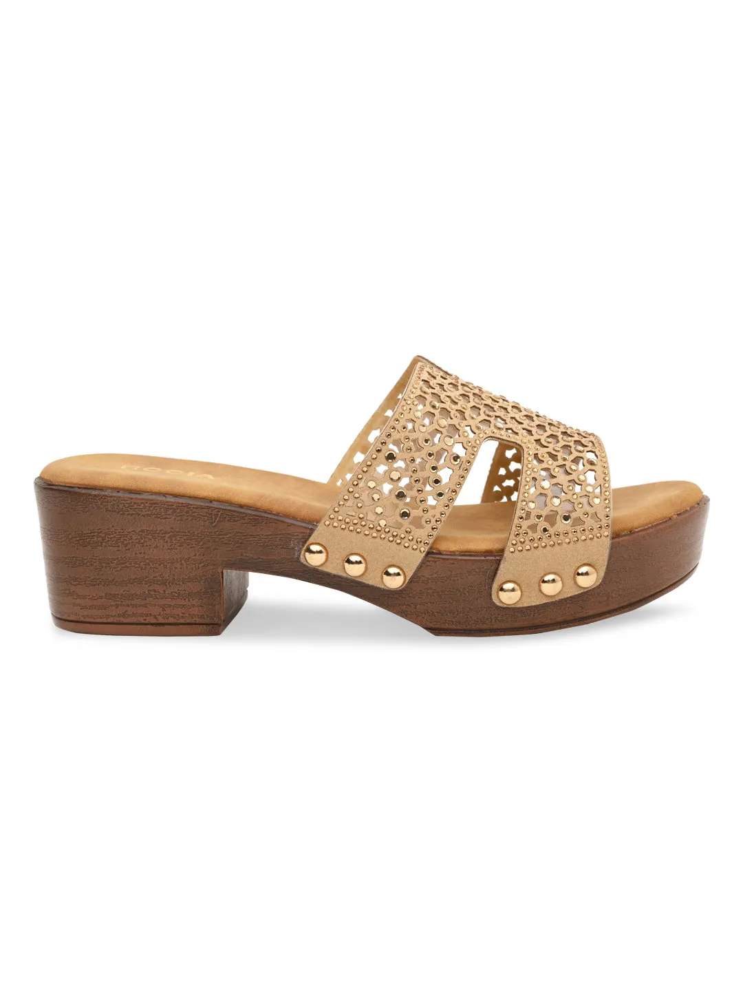 Rocia By Regal Beige Women Diamond Studded Vinyl H Block Heels