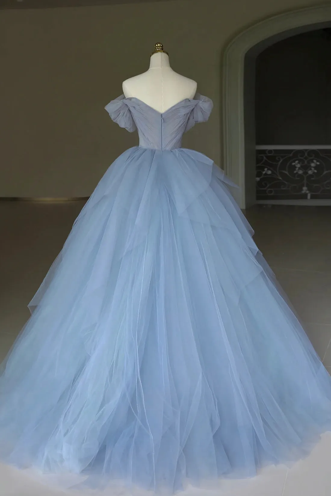 Roycebridal Roycebridal Kyra | Blue Tulle Floor Length Prom Dress, Off the Shoulder Evening Dress with 3D Flowers