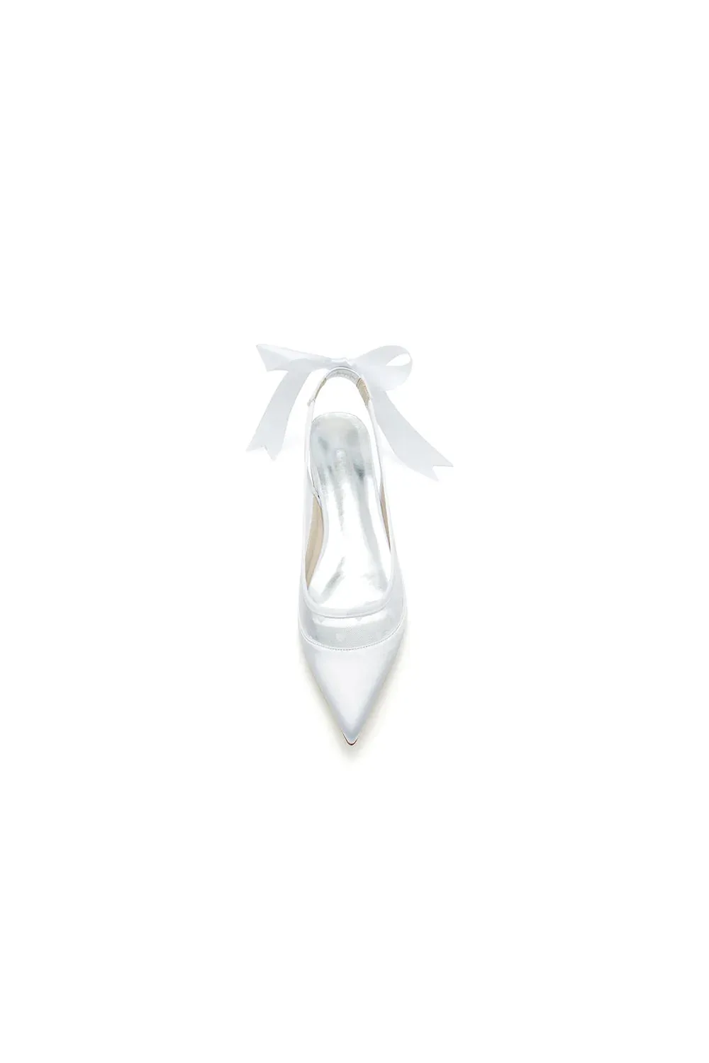 Satin Pointed Toe Mesh Low Heels With Bow