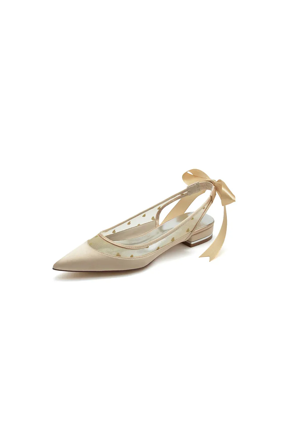 Satin Pointed Toe Mesh Low Heels With Bow