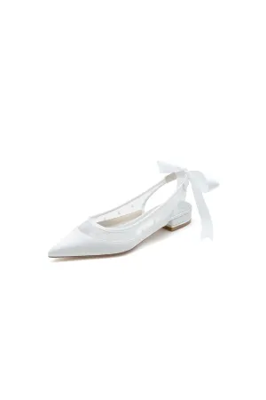Satin Pointed Toe Mesh Low Heels With Bow