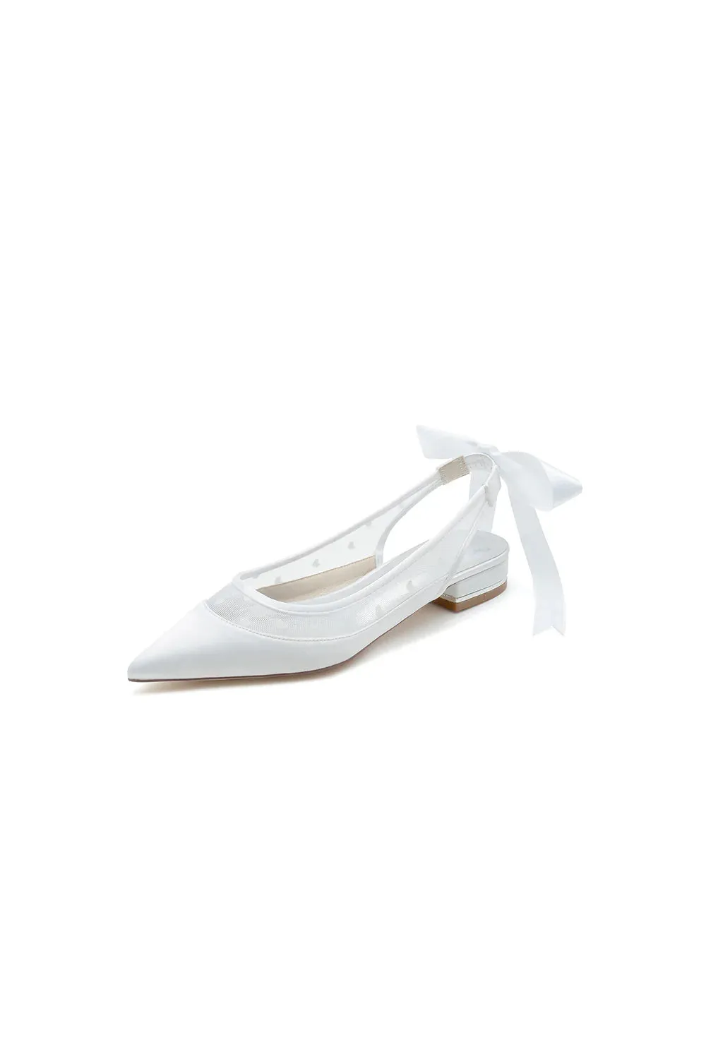 Satin Pointed Toe Mesh Low Heels With Bow