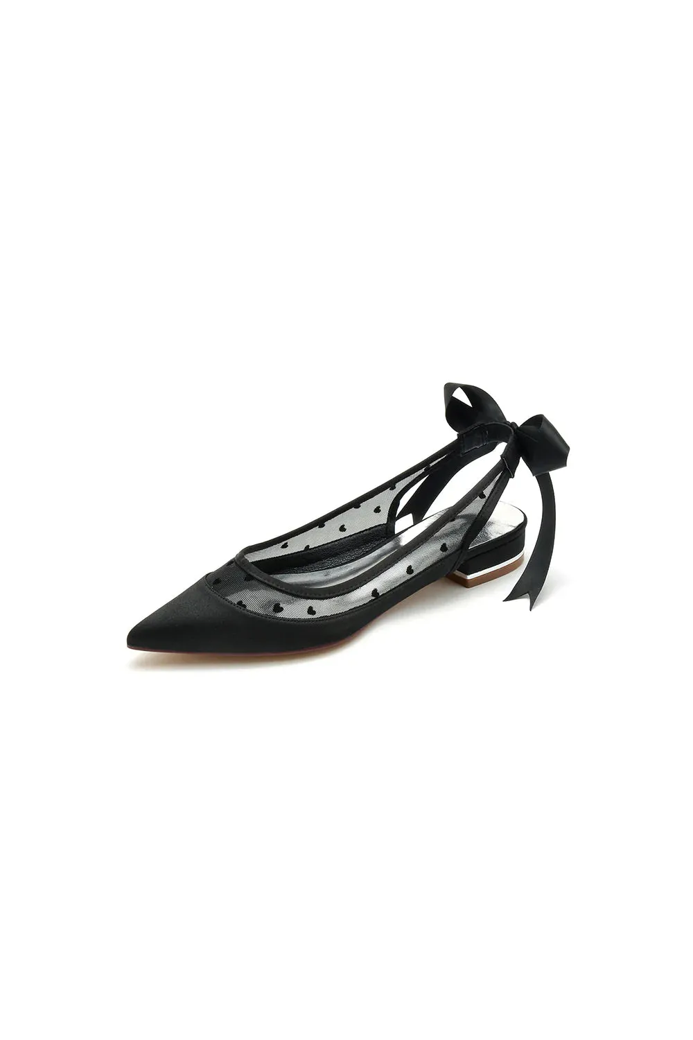 Satin Pointed Toe Mesh Low Heels With Bow