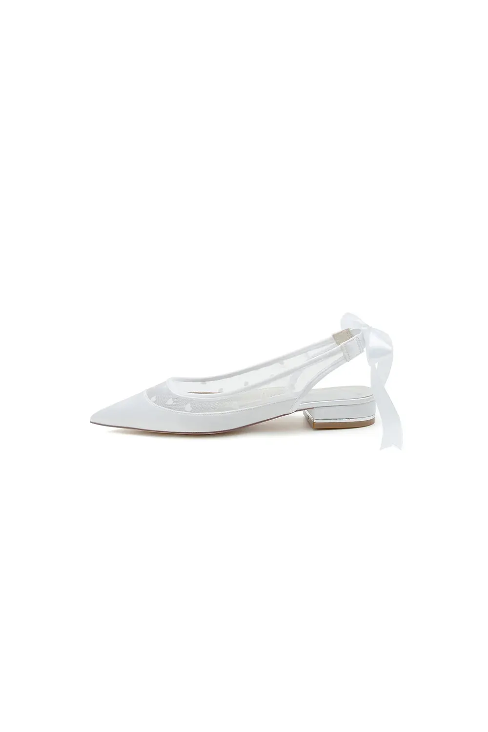 Satin Pointed Toe Mesh Low Heels With Bow