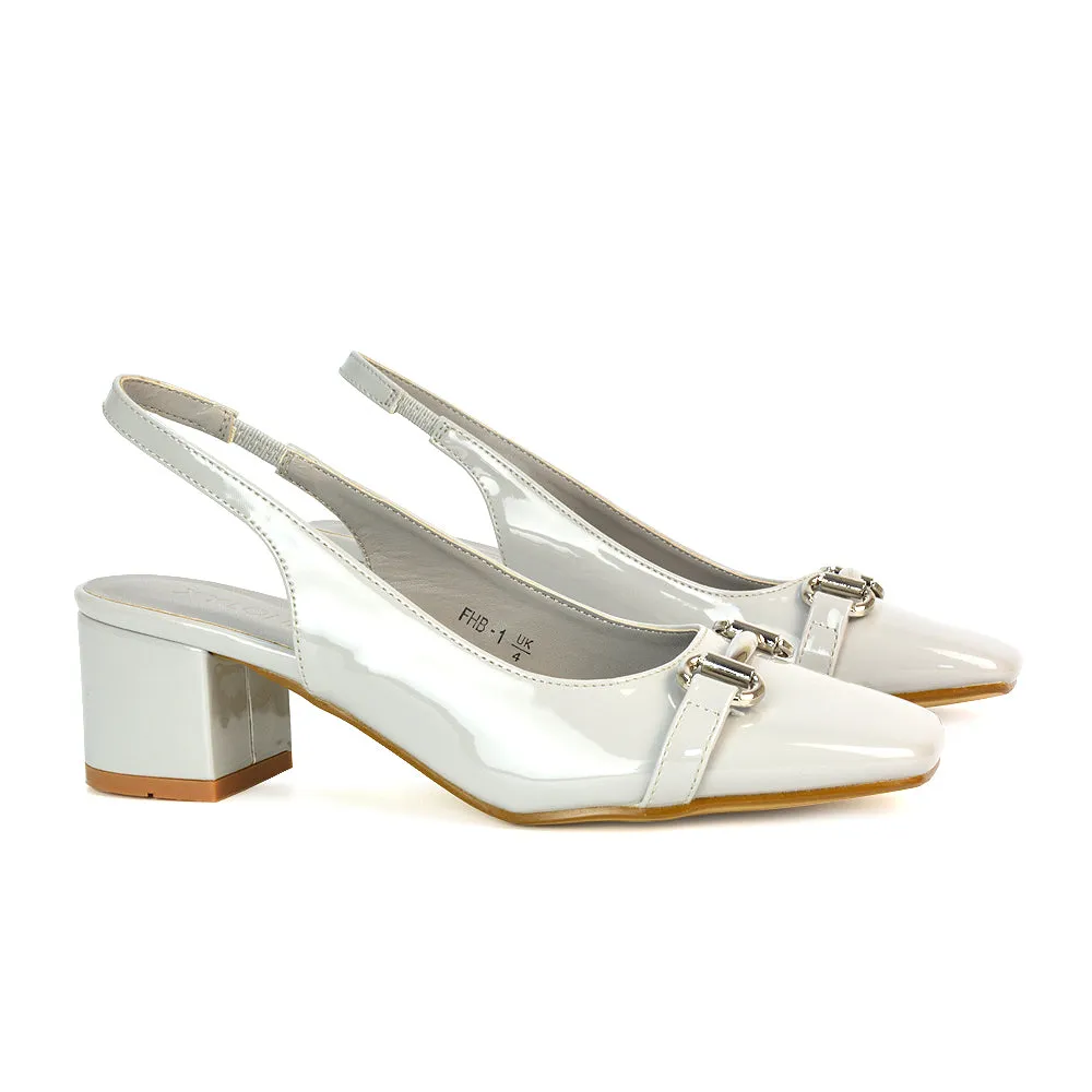 Selena Square Toe Slingback Mid Block Heel Ballet Court Shoes in Grey Patent