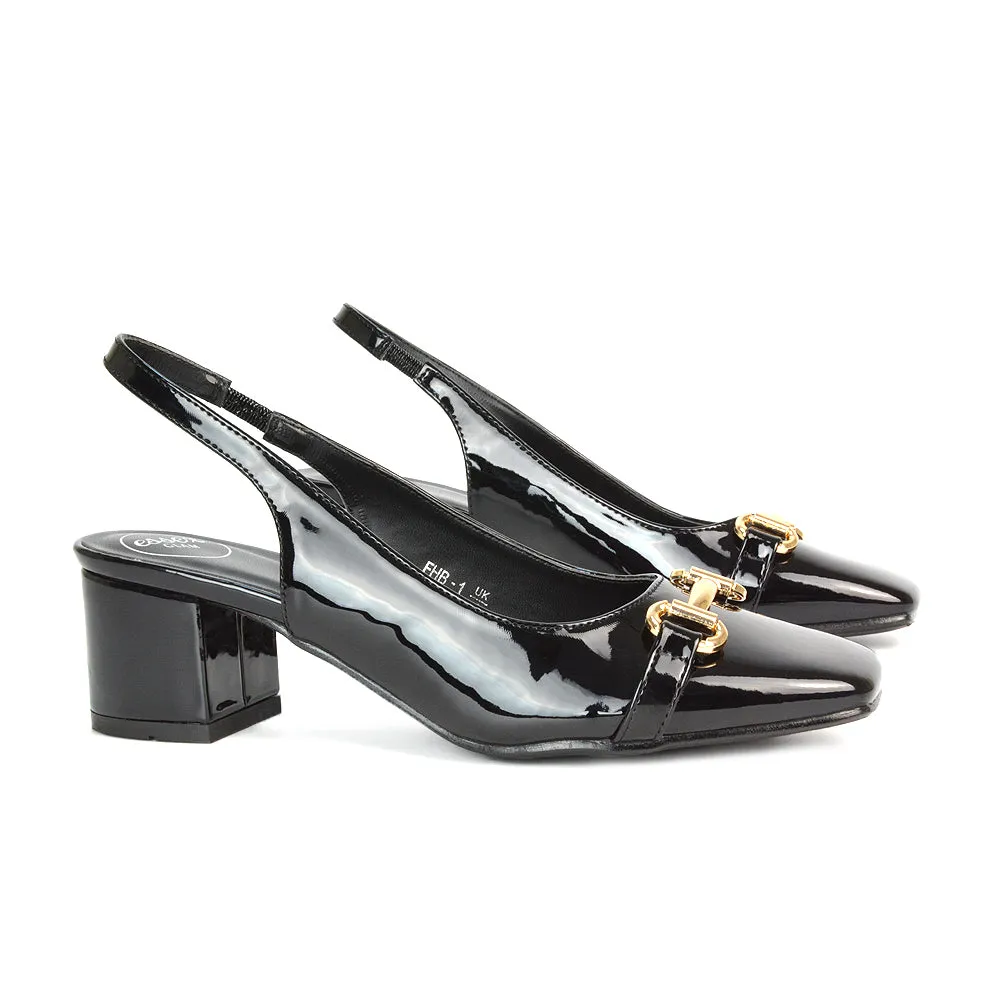 Selena Square Toe Slingback Mid Block Heel Ballet Court Shoes in Grey Patent
