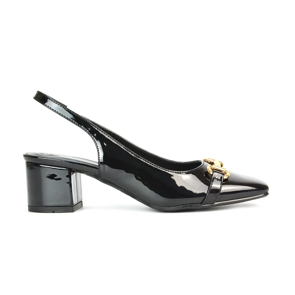 Selena Square Toe Slingback Mid Block Heel Ballet Court Shoes in Grey Patent