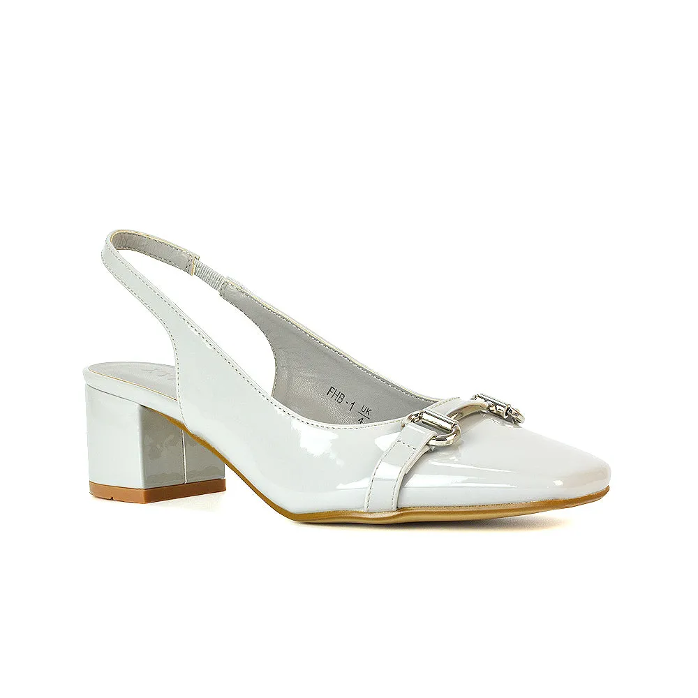 Selena Square Toe Slingback Mid Block Heel Ballet Court Shoes in Grey Patent