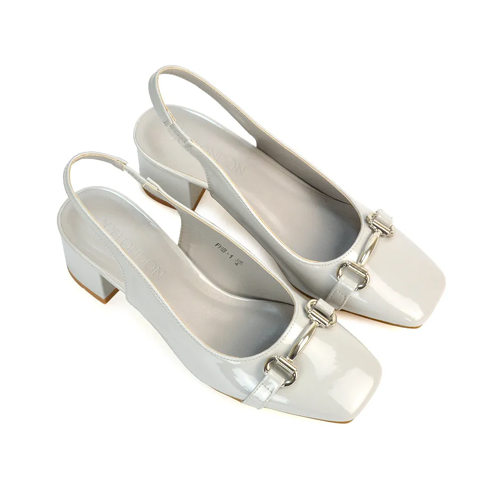 Selena Square Toe Slingback Mid Block Heel Ballet Court Shoes in Grey Patent
