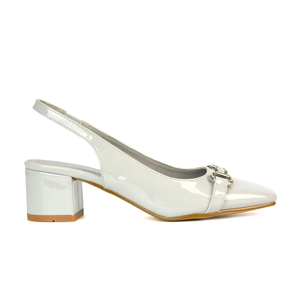 Selena Square Toe Slingback Mid Block Heel Ballet Court Shoes in Grey Patent