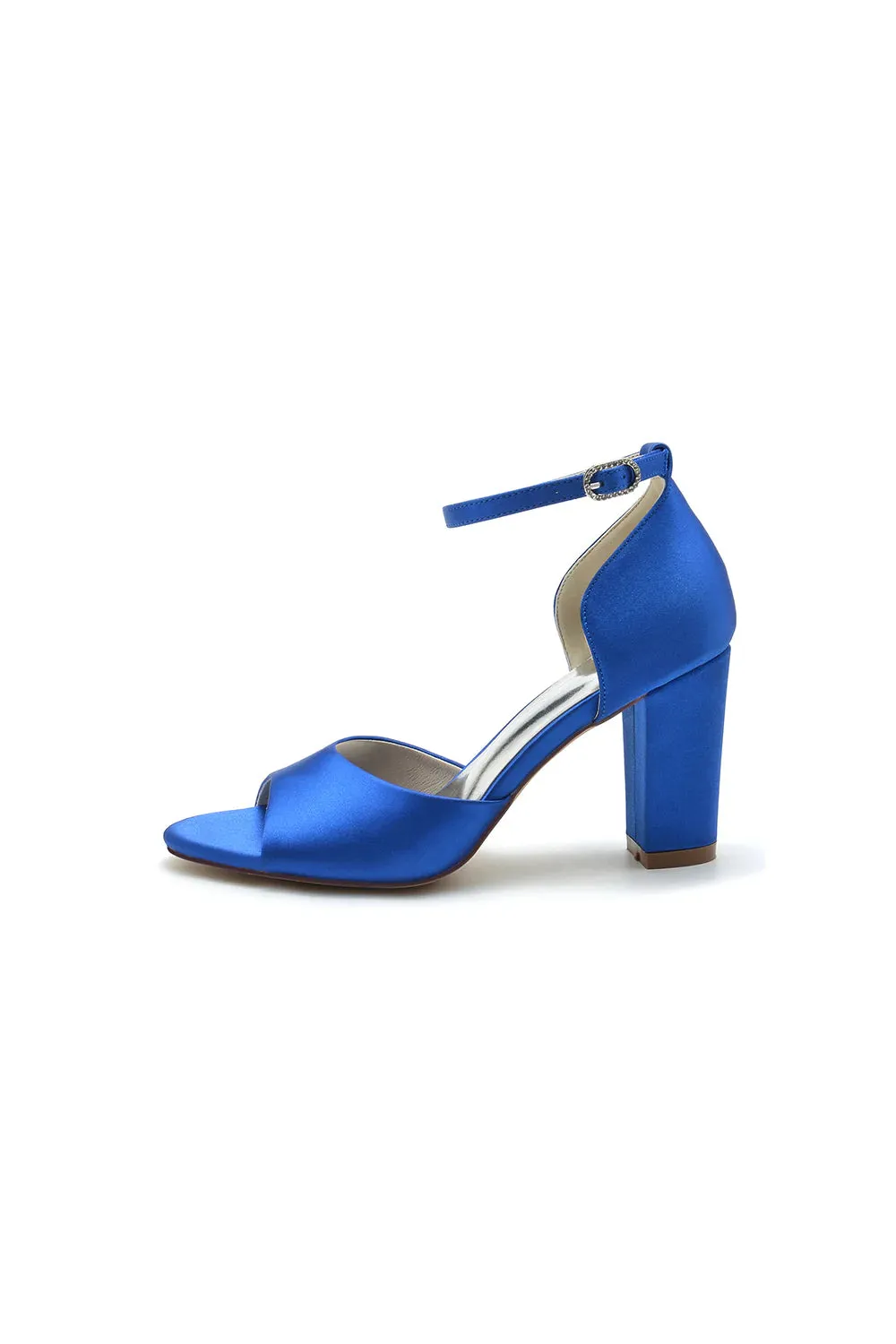 Simple Open Toe Ankle Strap Satin Chunky Heels