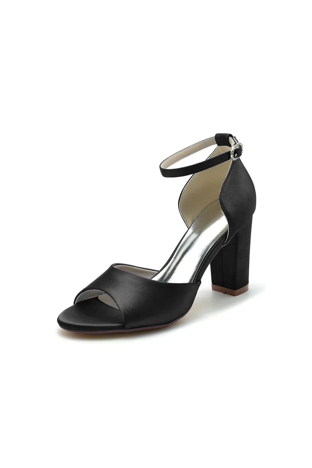Simple Open Toe Ankle Strap Satin Chunky Heels