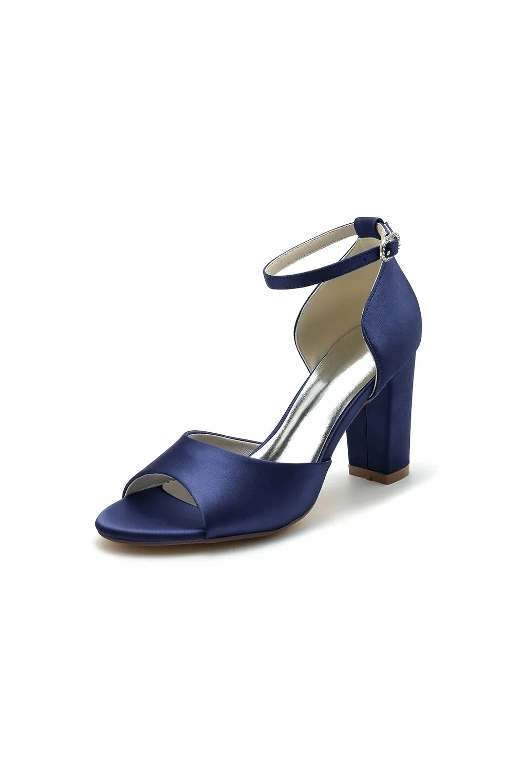 Simple Open Toe Ankle Strap Satin Chunky Heels