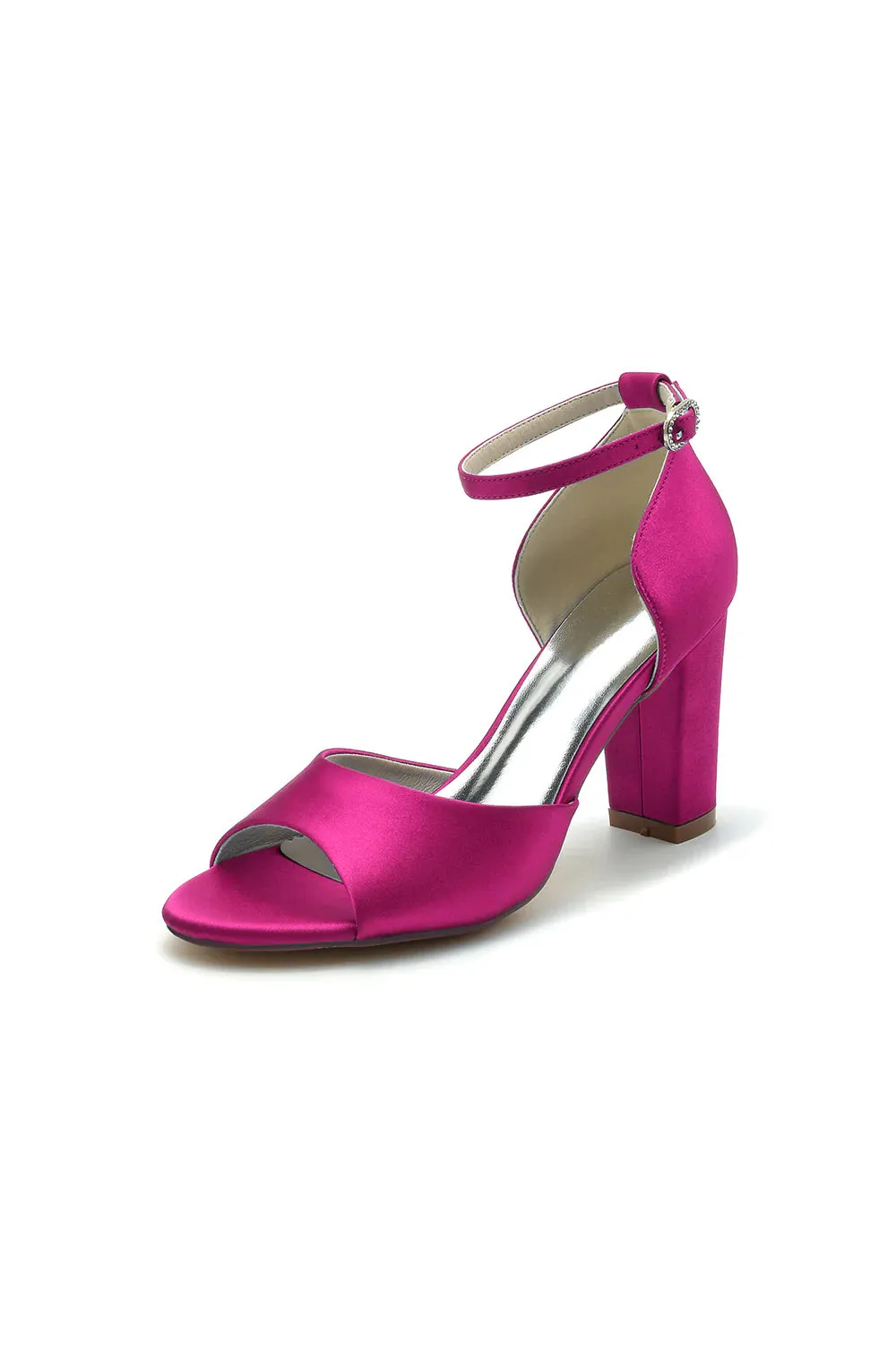 Simple Open Toe Ankle Strap Satin Chunky Heels
