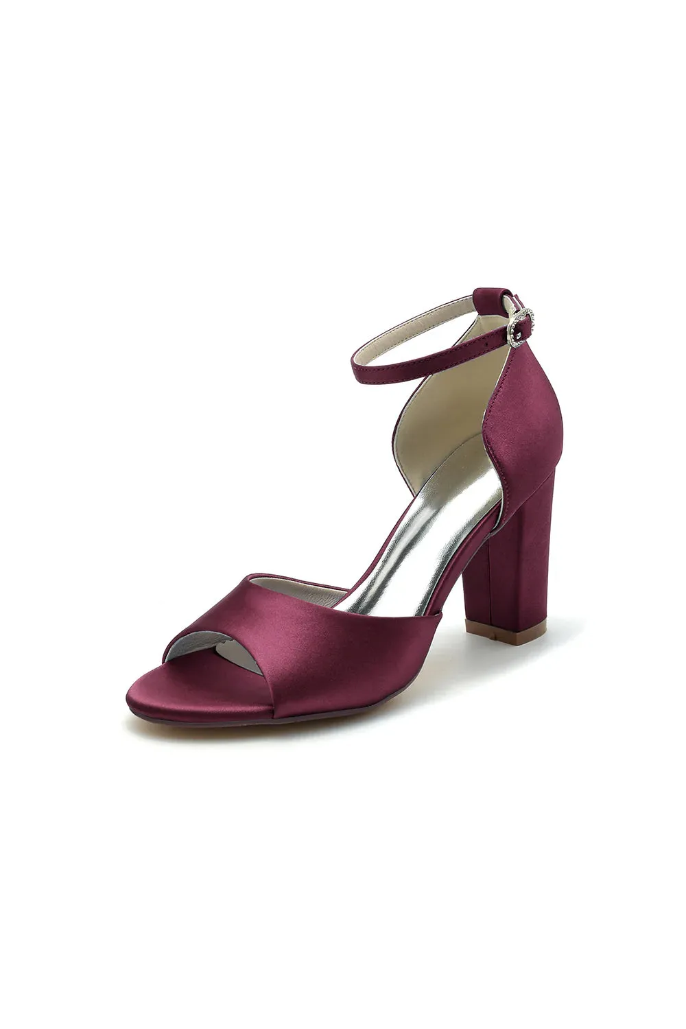 Simple Open Toe Ankle Strap Satin Chunky Heels