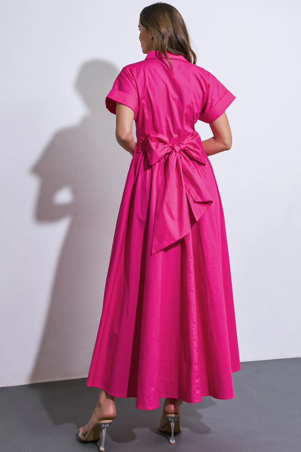 Solid Woven Button-Down Front Midi Dress