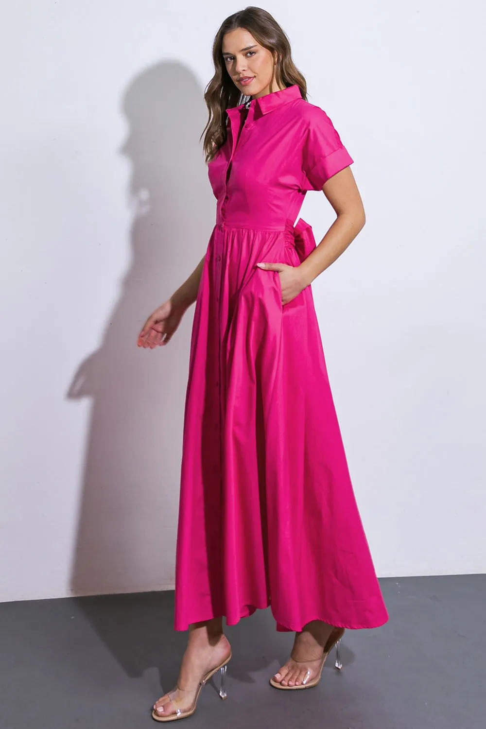 Solid Woven Button-Down Front Midi Dress
