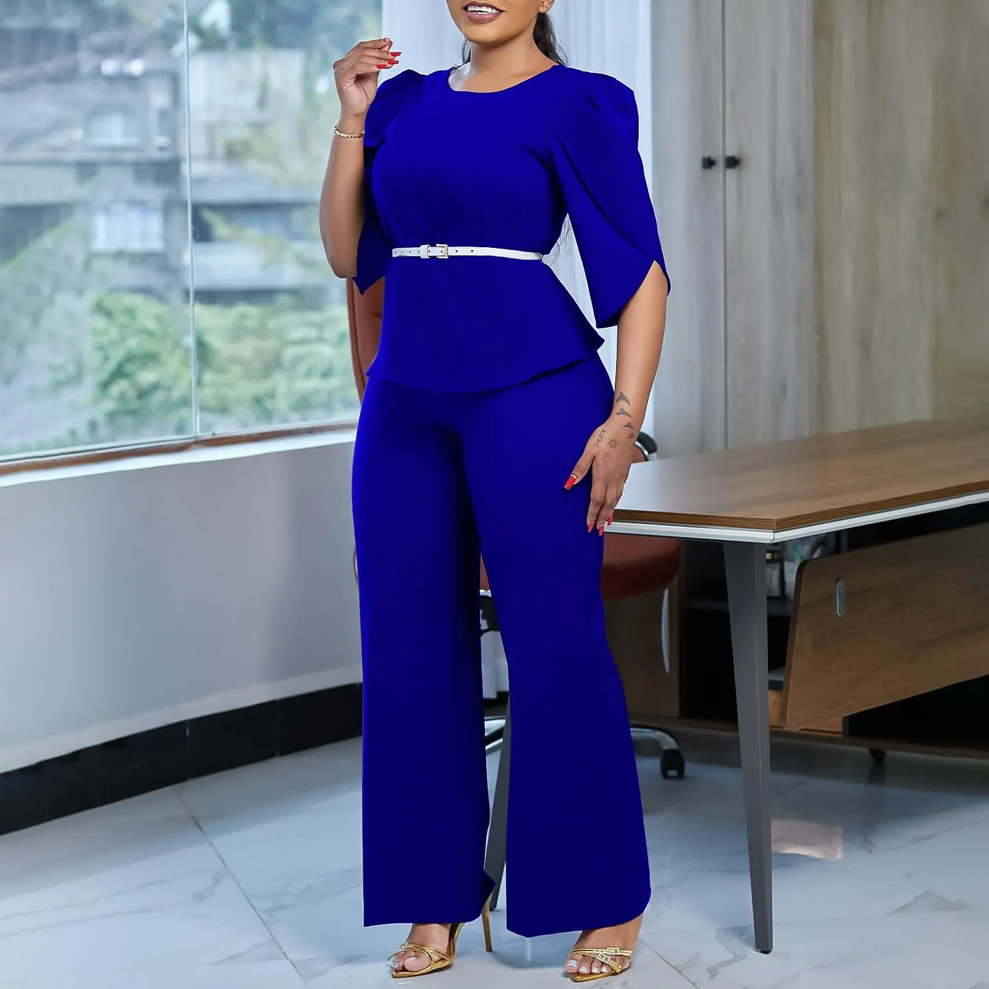 Sophisticated Peplum Top and Wide-Leg Pants Two-Piece Set