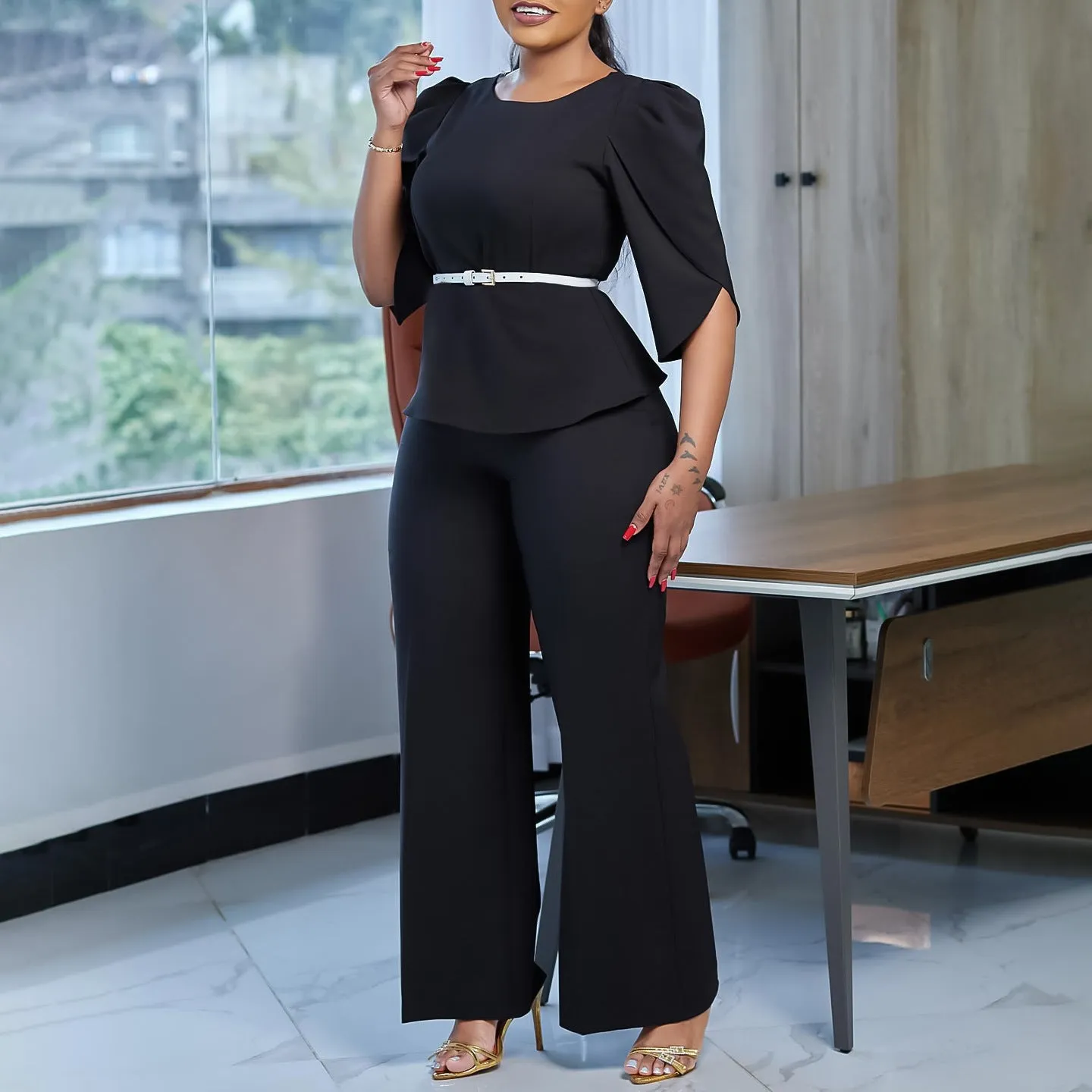 Sophisticated Peplum Top and Wide-Leg Pants Two-Piece Set