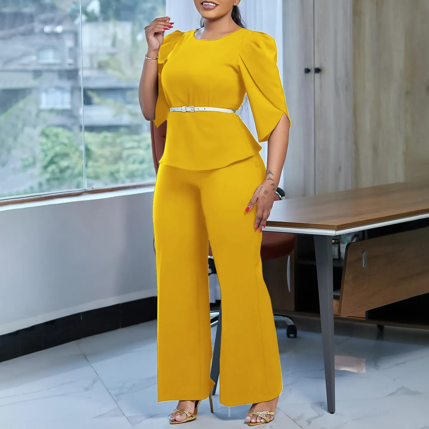 Sophisticated Peplum Top and Wide-Leg Pants Two-Piece Set