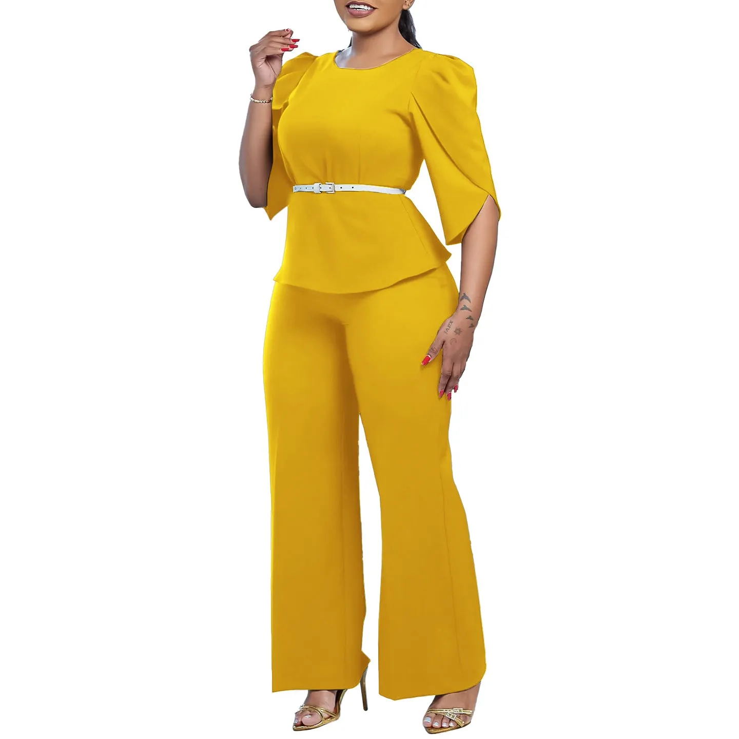Sophisticated Peplum Top and Wide-Leg Pants Two-Piece Set