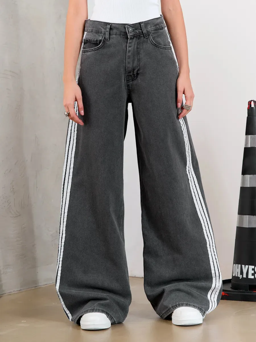 Stylish Contrast Stripe Wide-Leg Denim Pants for Effortless Chic