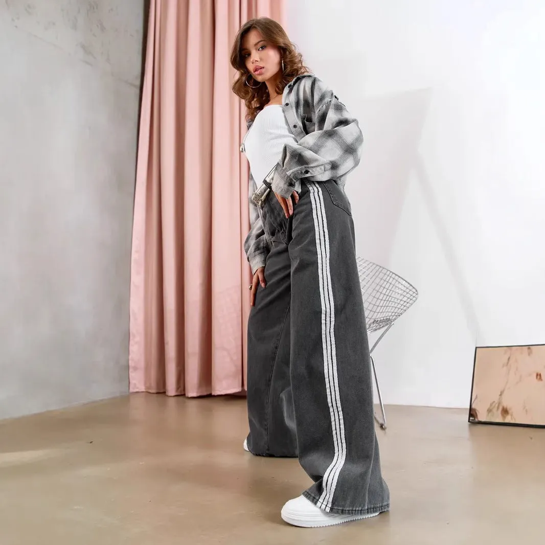 Stylish Contrast Stripe Wide-Leg Denim Pants for Effortless Chic
