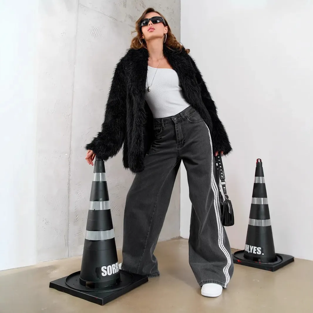 Stylish Contrast Stripe Wide-Leg Denim Pants for Effortless Chic
