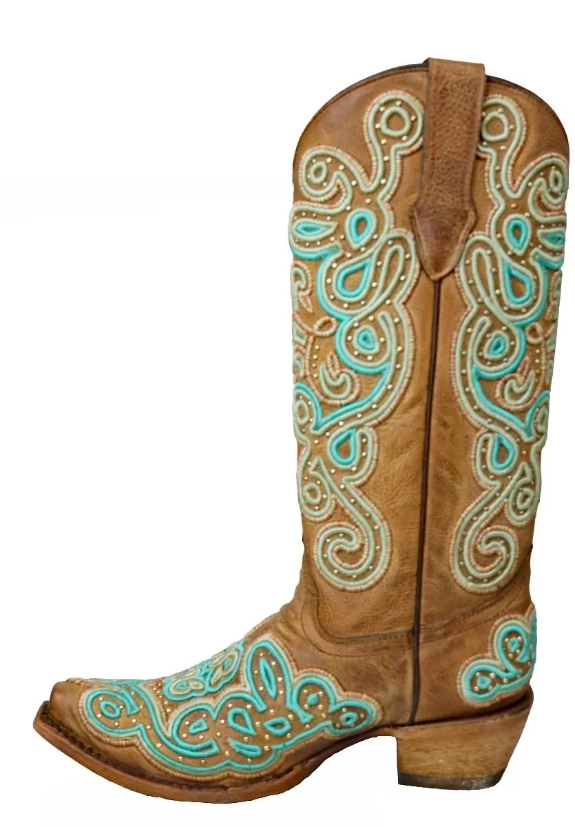 Tan and Turquoise Embroidery Boot by Corral C3572