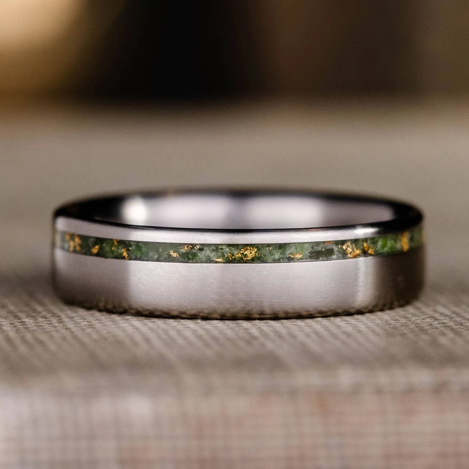 The Fairbanks | Men's High Polish Titanium Wedding Band with Green Imperial Diopside & Gold Flakes Offset Inlay