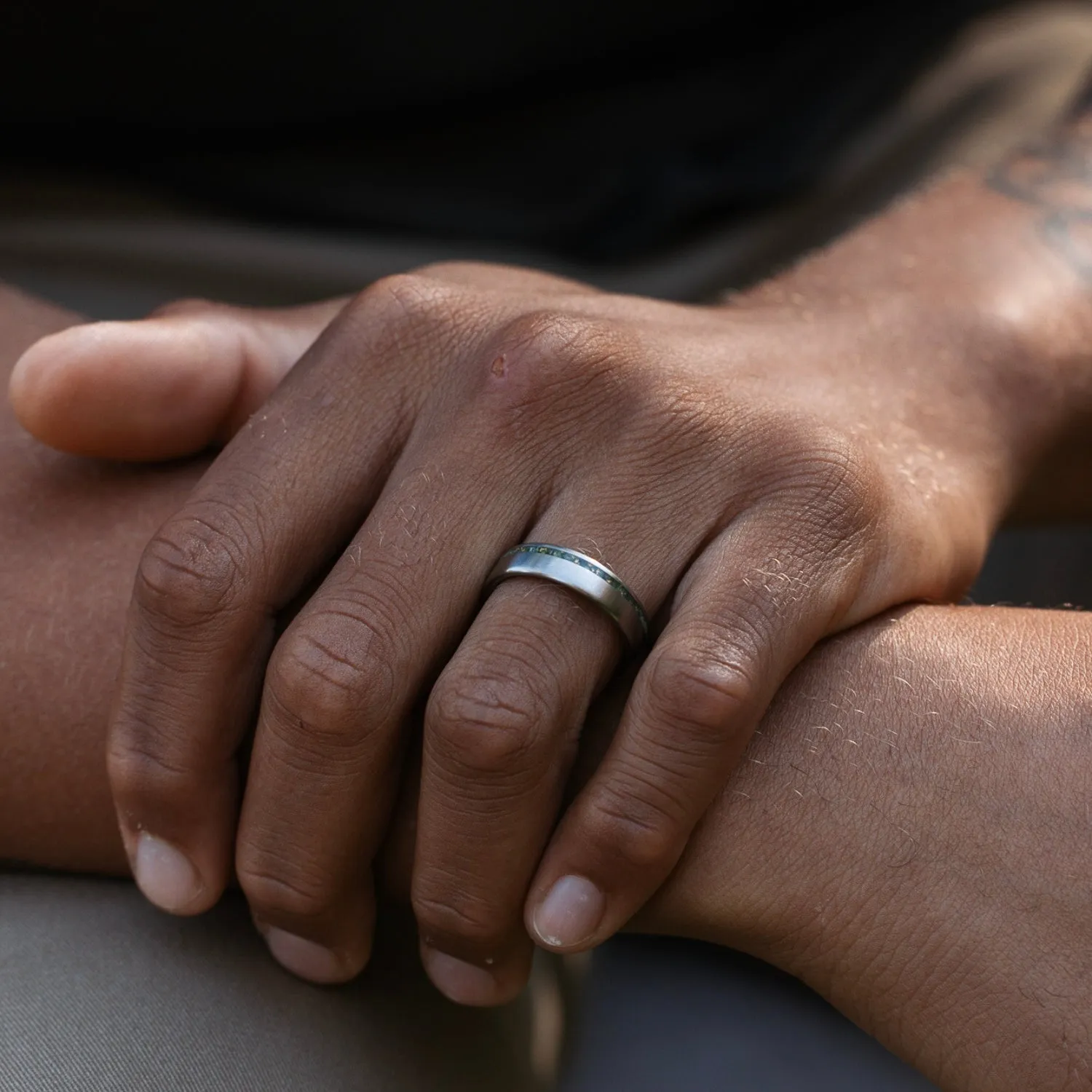 The Fairbanks | Men's High Polish Titanium Wedding Band with Green Imperial Diopside & Gold Flakes Offset Inlay